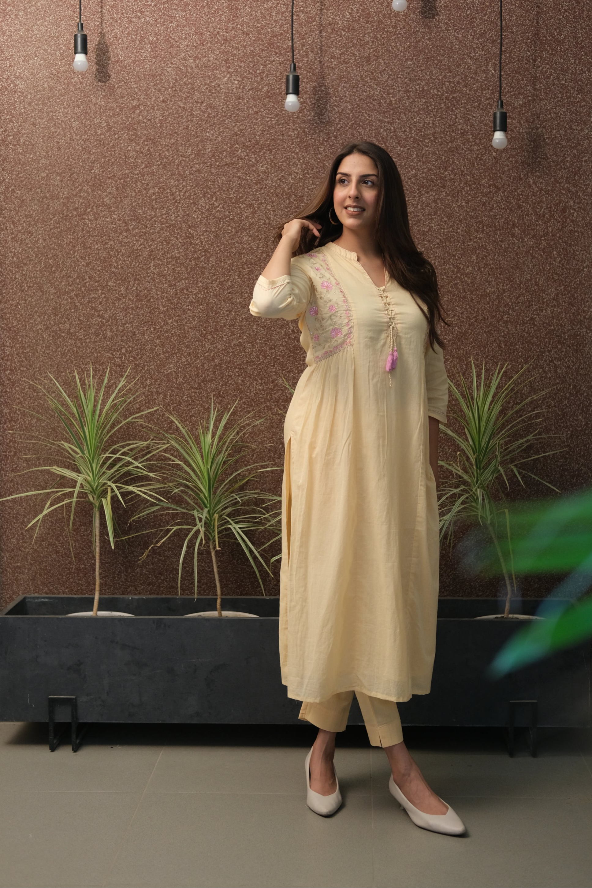Beige-Yellow Embroidered Kurta Set in Mul Mul Cotton | Subtle Festive Elegance