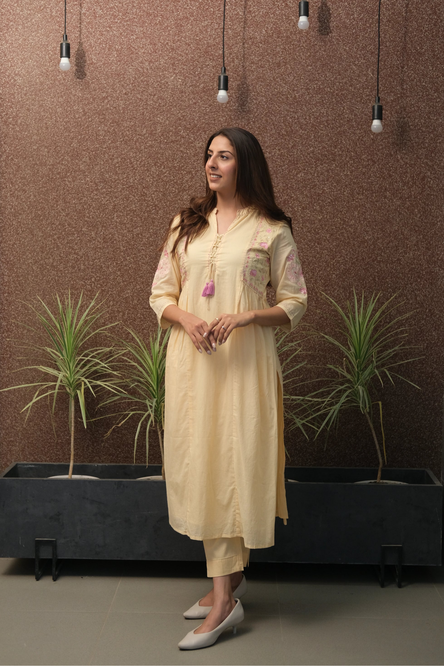 Beige-Yellow Embroidered Kurta Set in Mul Mul Cotton | Subtle Festive Elegance