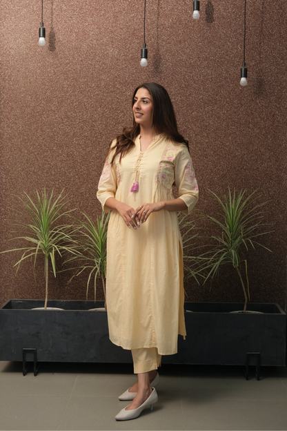 Beige-Yellow Embroidered Kurta Set in Mul Mul Cotton | Subtle Festive Elegance