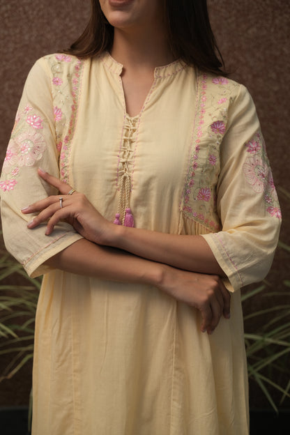 Beige-Yellow Embroidered Kurta Set in Mul Mul Cotton | Subtle Festive Elegance