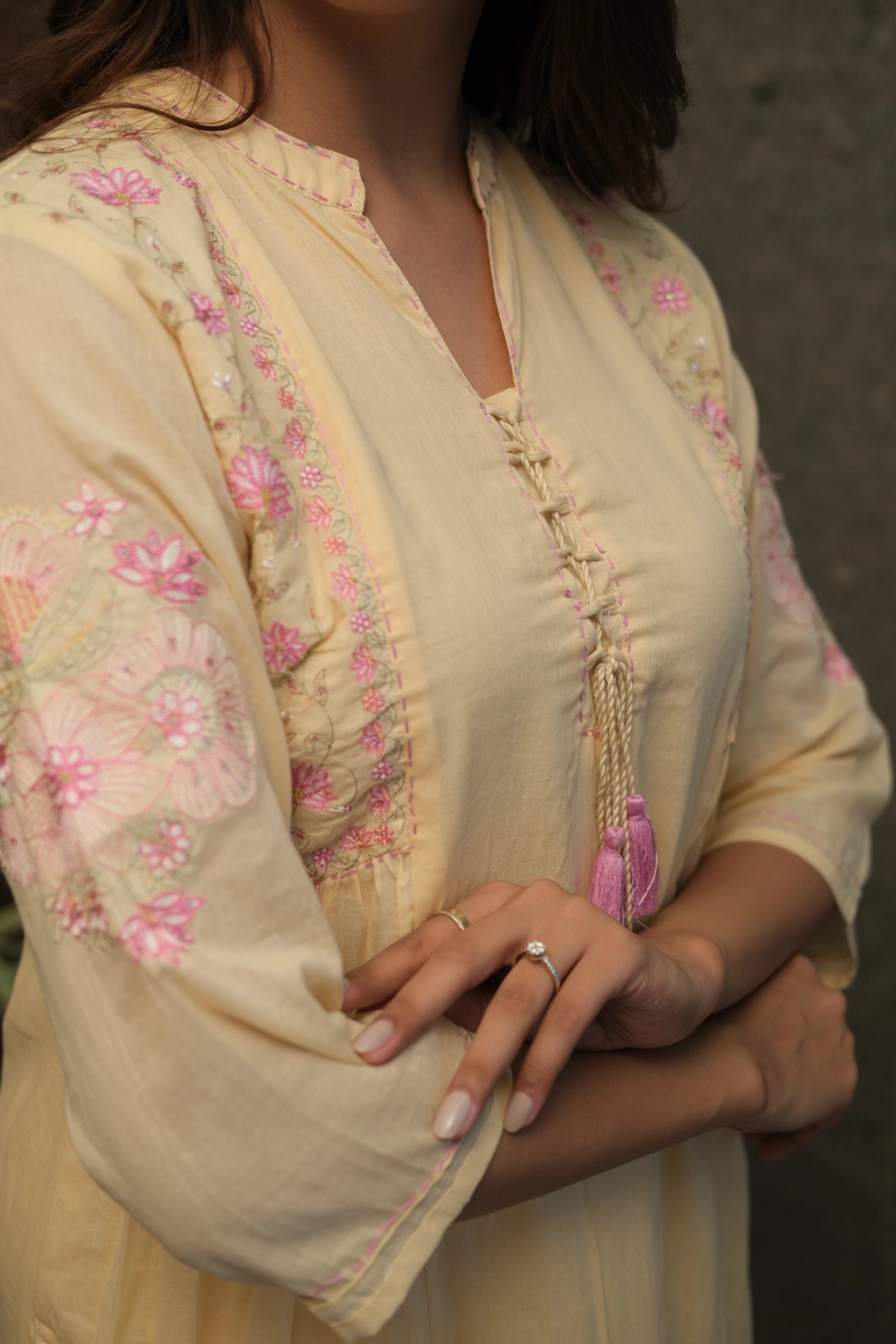Beige-Yellow Embroidered Kurta Set in Mul Mul Cotton | Subtle Festive Elegance