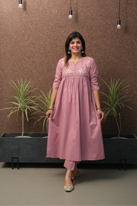 Pink Embroidered A-Line Kurta Set in Soft Cotton