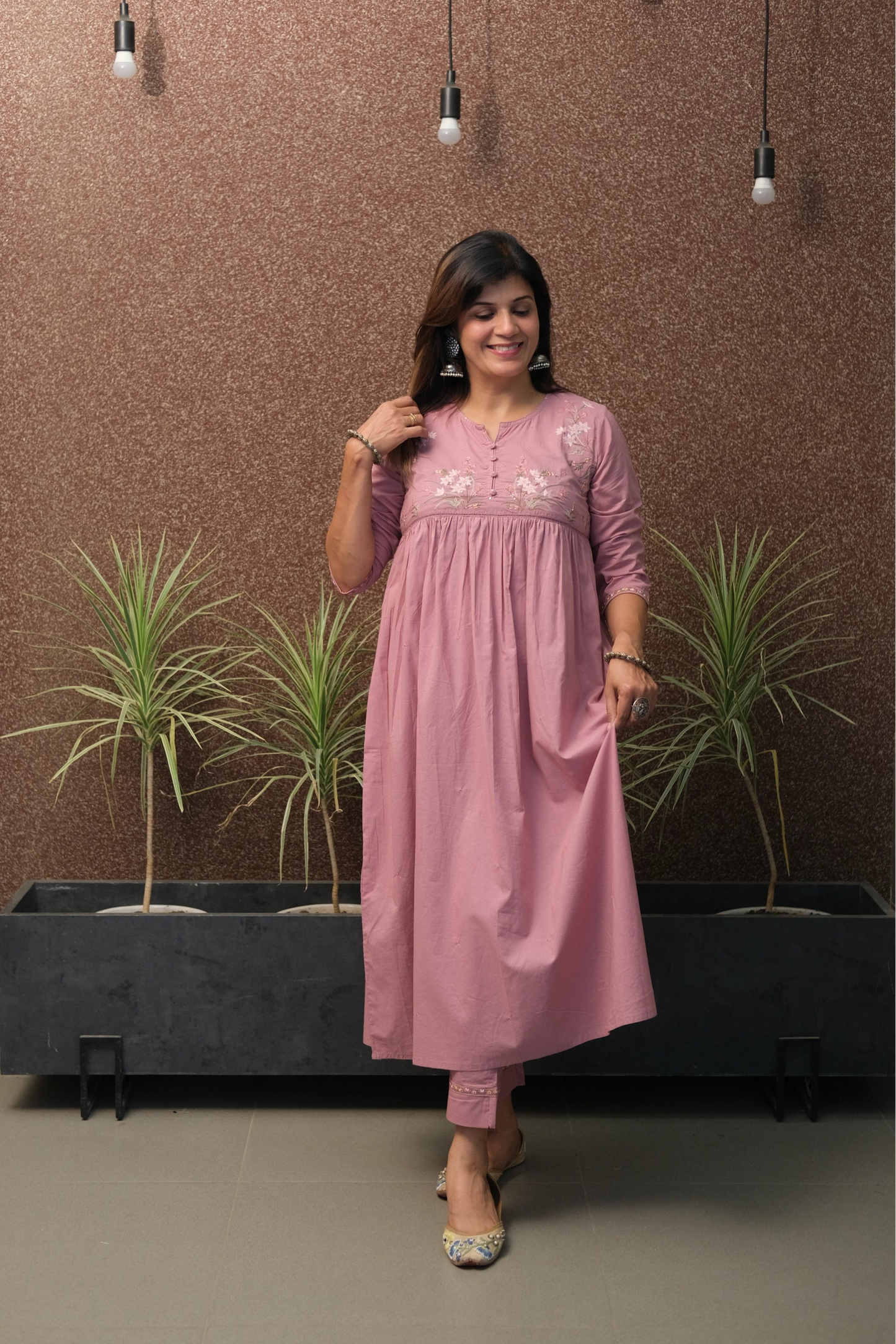 Pink Embroidered A-Line Kurta Set in Soft Cotton