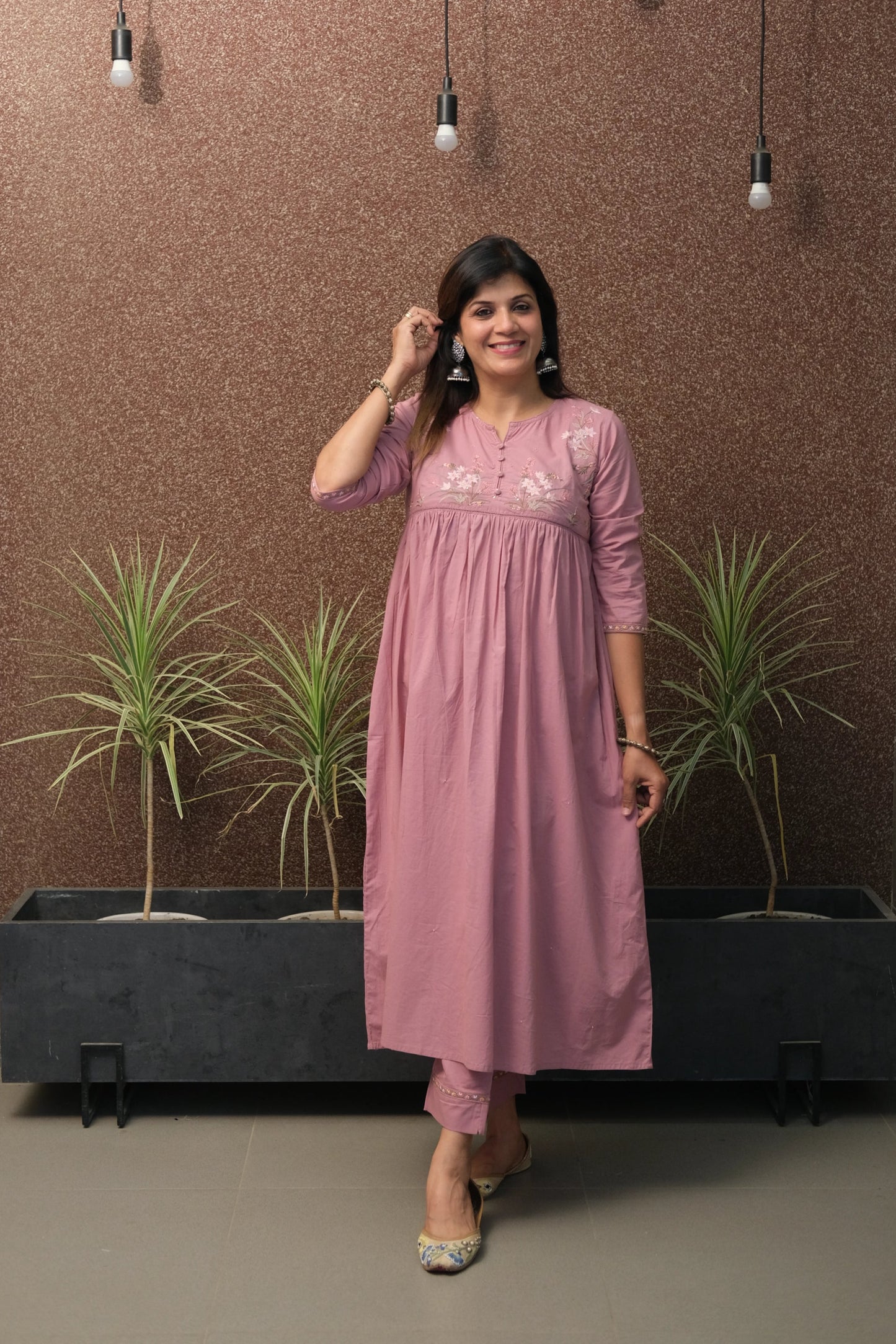 Pink Embroidered A-Line Kurta Set in Soft Cotton