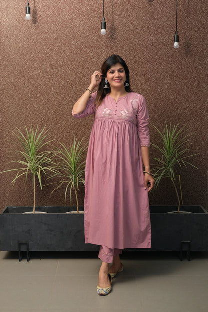 Pink Embroidered A-Line Kurta Set in Soft Cotton