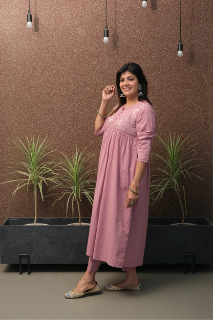Pink Embroidered A-Line Kurta Set in Soft Cotton