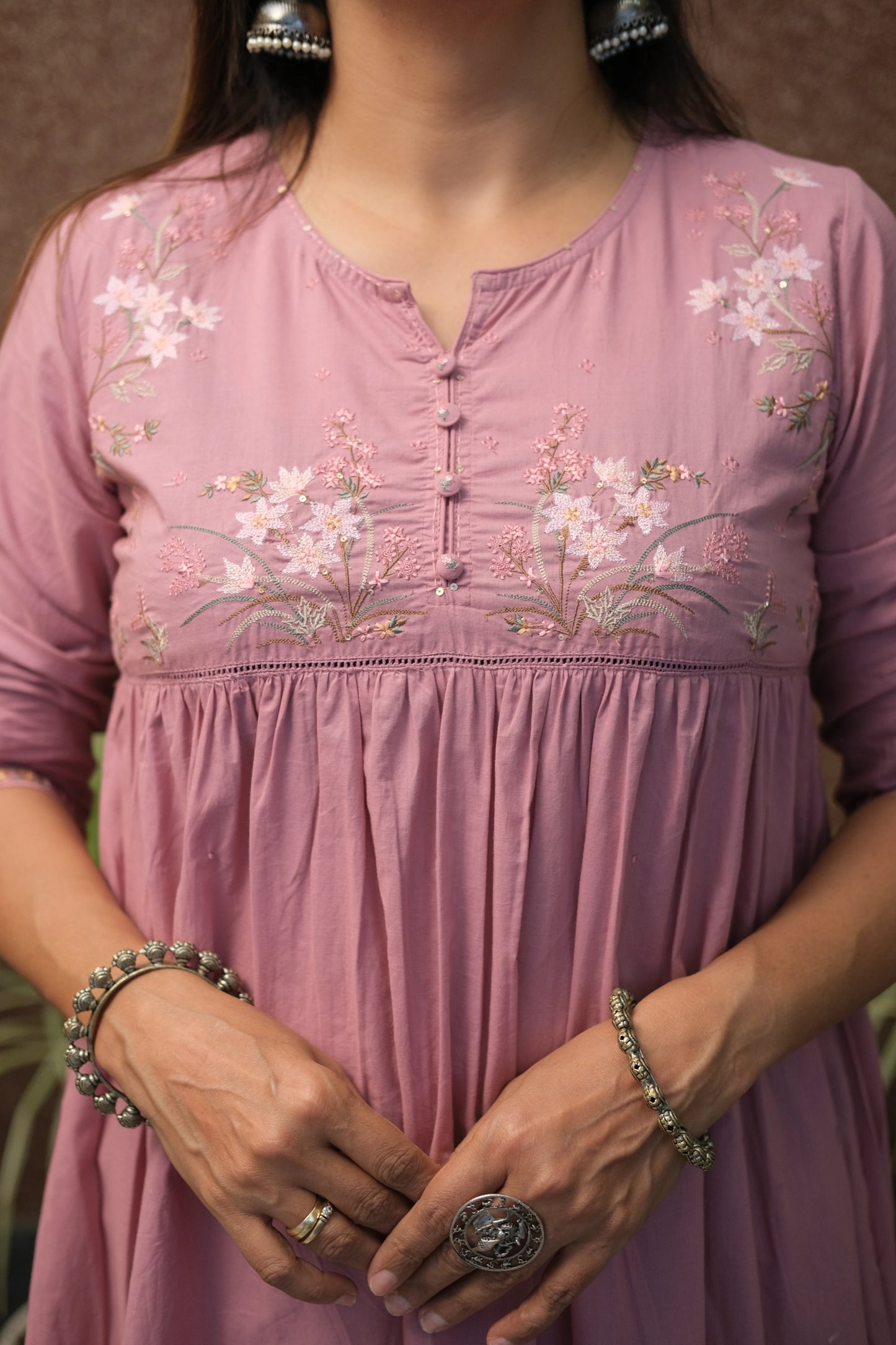 Pink Embroidered A-Line Kurta Set in Soft Cotton