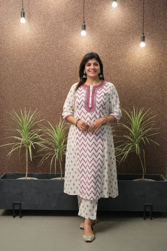 Wine Flex Cotton Kurta Set with Mirror Work