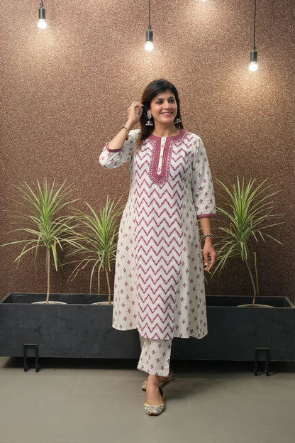 Wine Flex Cotton Kurta Set with Mirror Work
