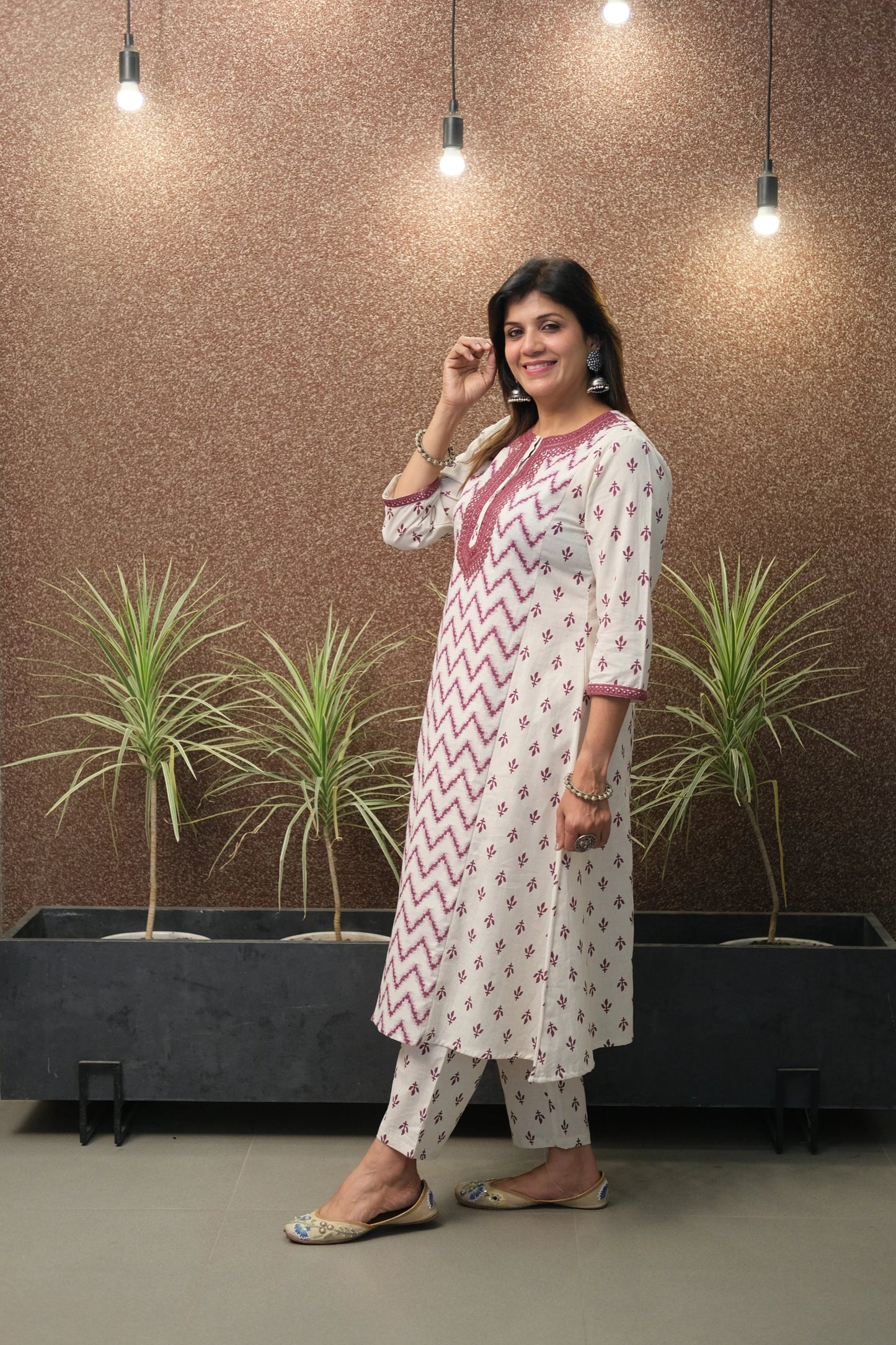 Wine Flex Cotton Kurta Set with Mirror Work