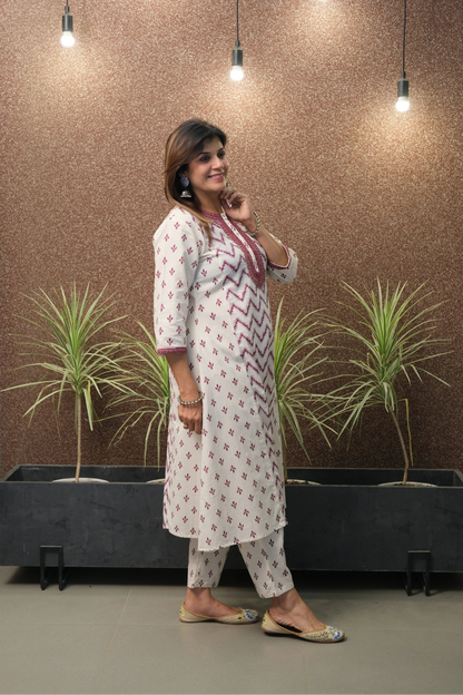 Wine Flex Cotton Kurta Set with Mirror Work