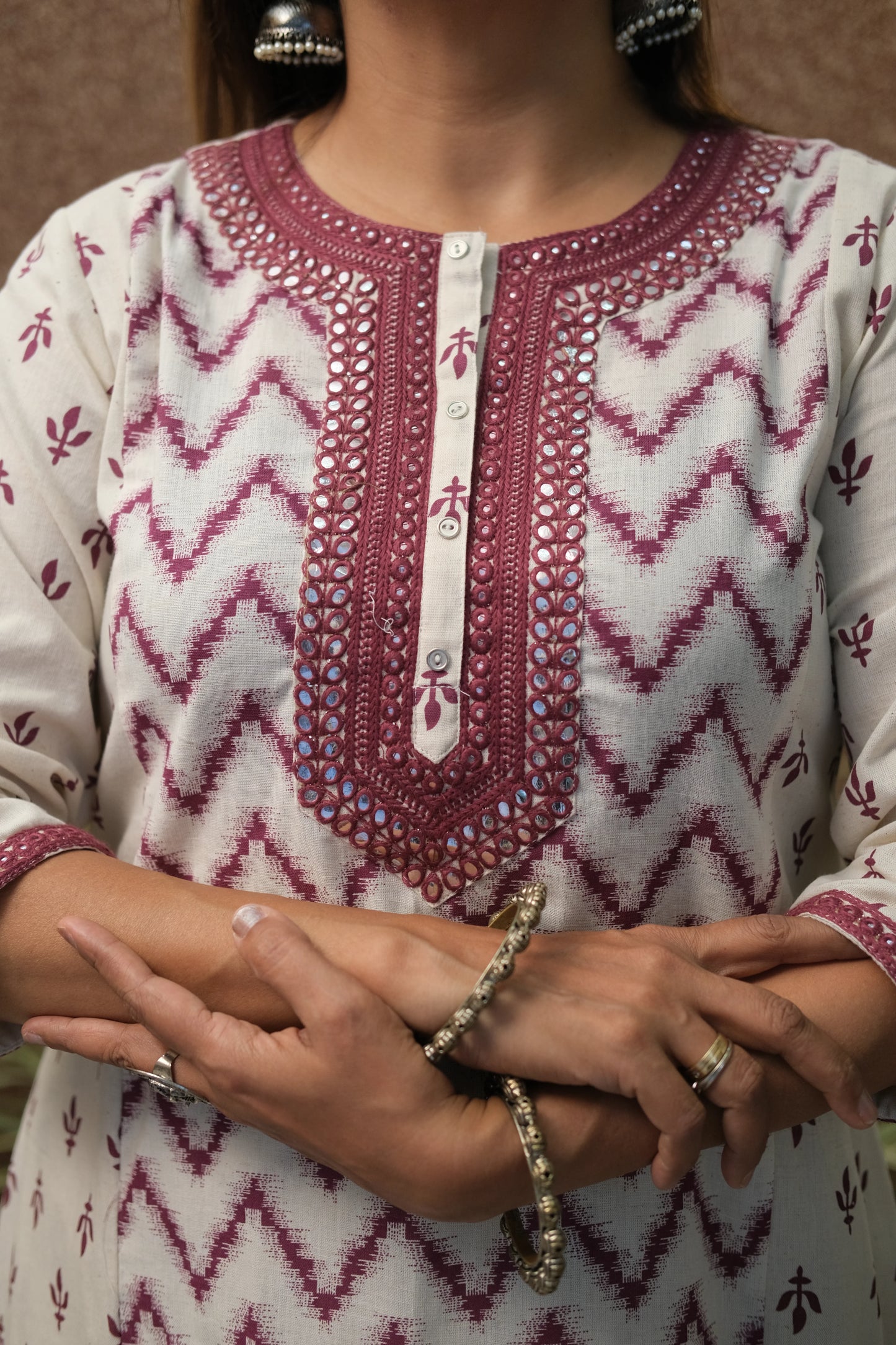 Wine Flex Cotton Kurta Set with Mirror Work