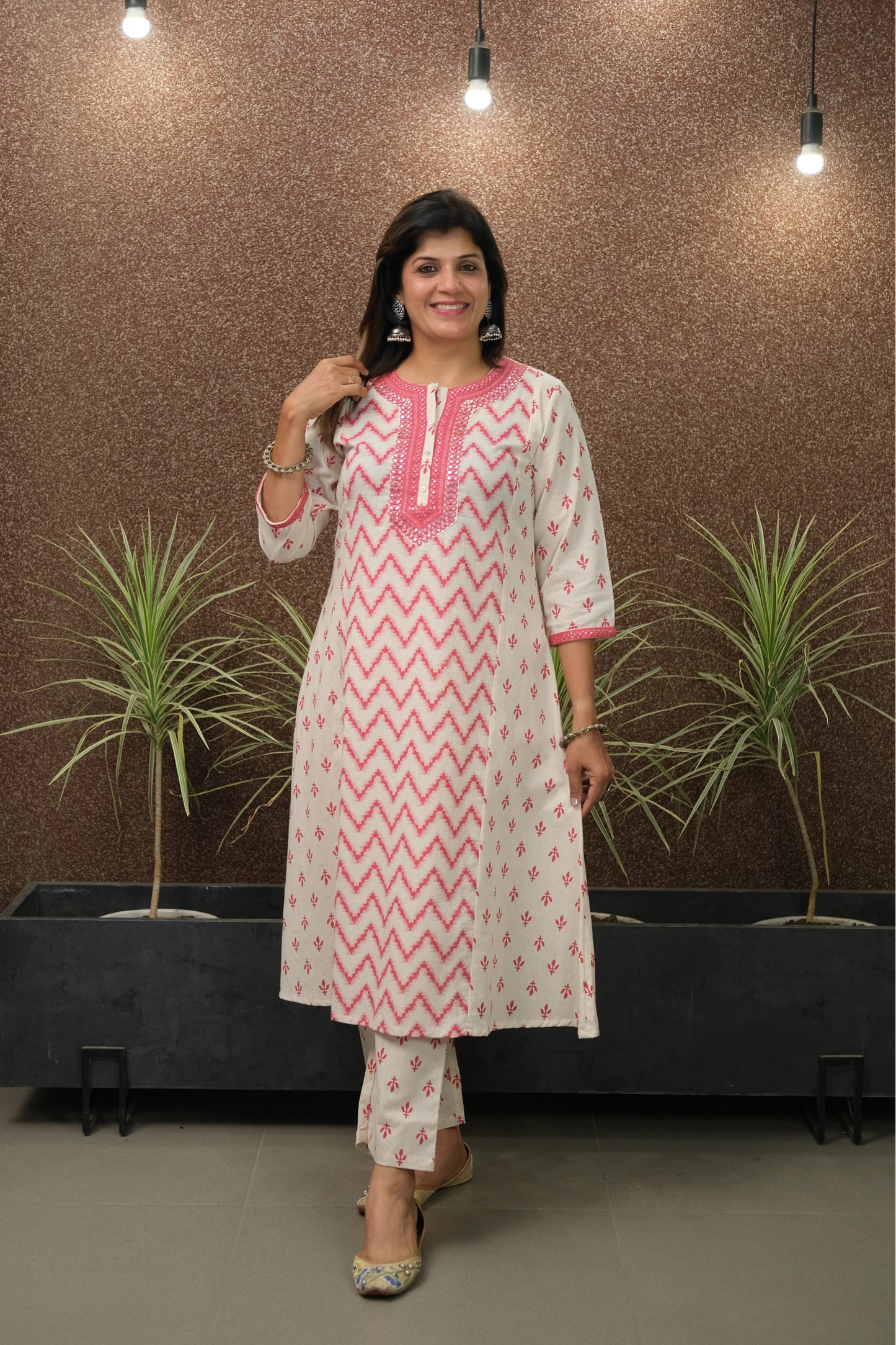 Pink Flex Cotton Kurta Set with Mirror Work