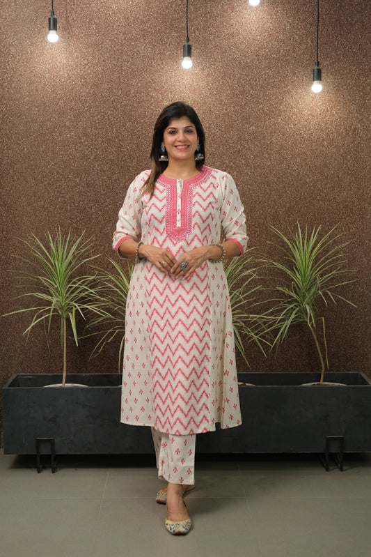 Pink Flex Cotton Kurta Set with Mirror Work