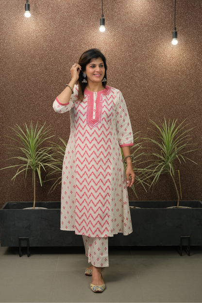 Pink Flex Cotton Kurta Set with Mirror Work