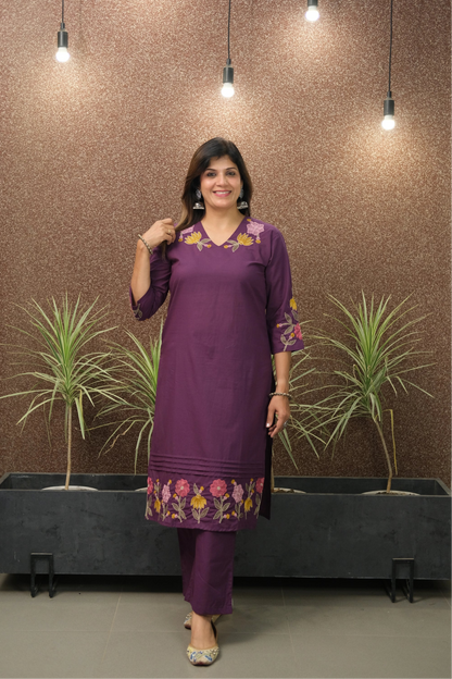 Purple Embroidered Kurta Pant Set | Pure Cotton