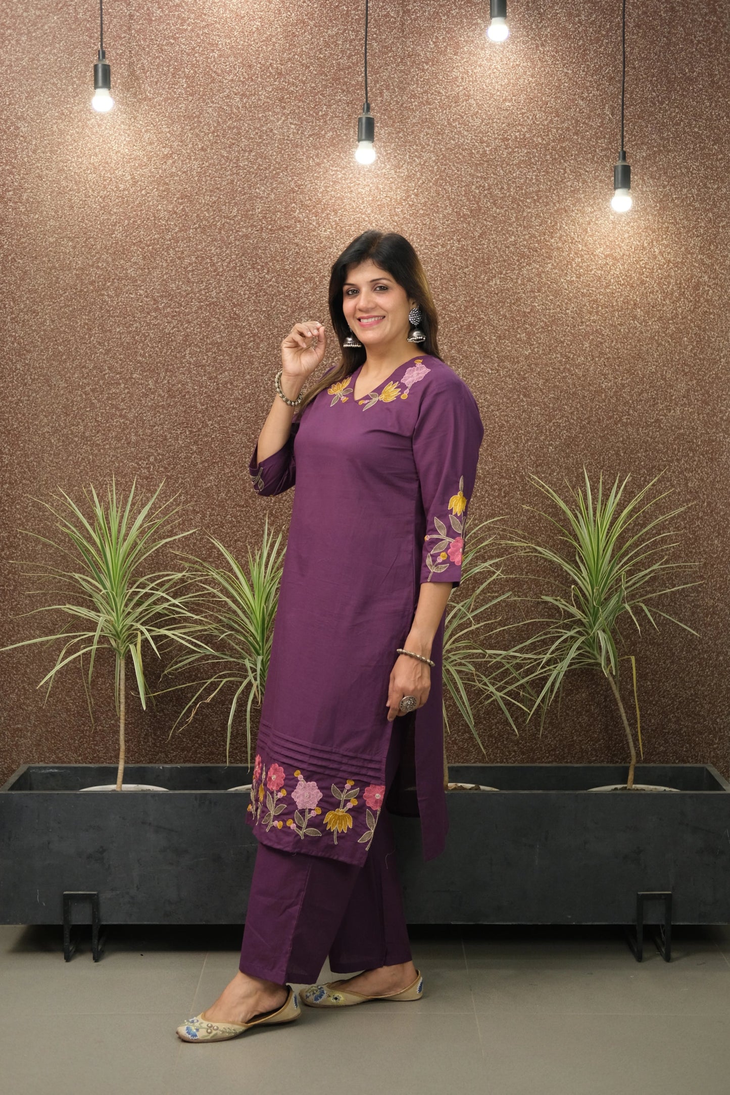 Purple Embroidered Kurta Pant Set | Pure Cotton