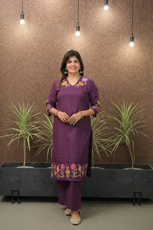 Purple Embroidered Kurta Pant Set | Pure Cotton