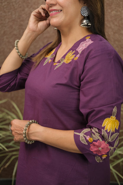 Purple Embroidered Kurta Pant Set | Pure Cotton