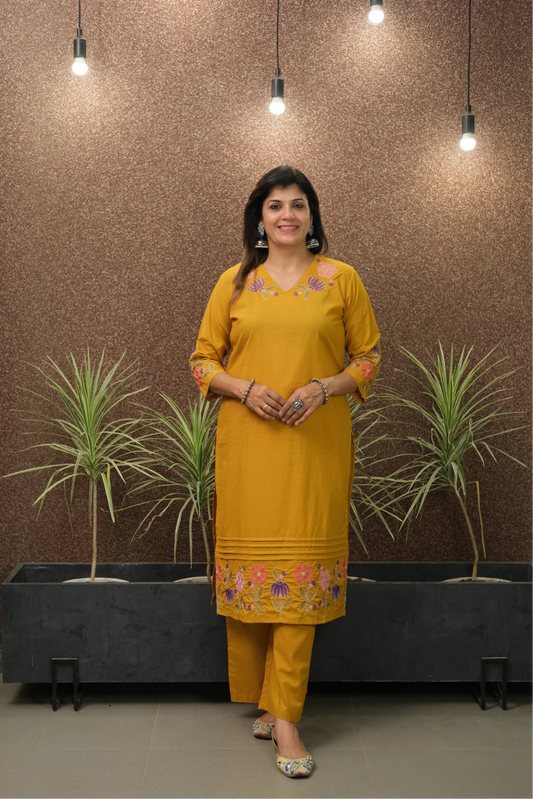Haldi Yellow Embroidered Kurta Pant Set | Pure Cotton