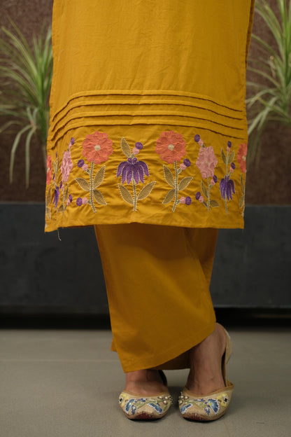 Haldi Yellow Embroidered Kurta Pant Set | Pure Cotton
