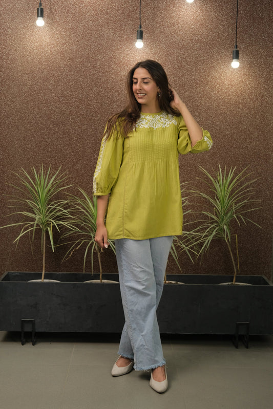 Lemon Green Embroidered Cotton Tunic | Elegant Daily Wear