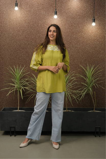 Lemon Green Embroidered Cotton Tunic | Elegant Daily Wear