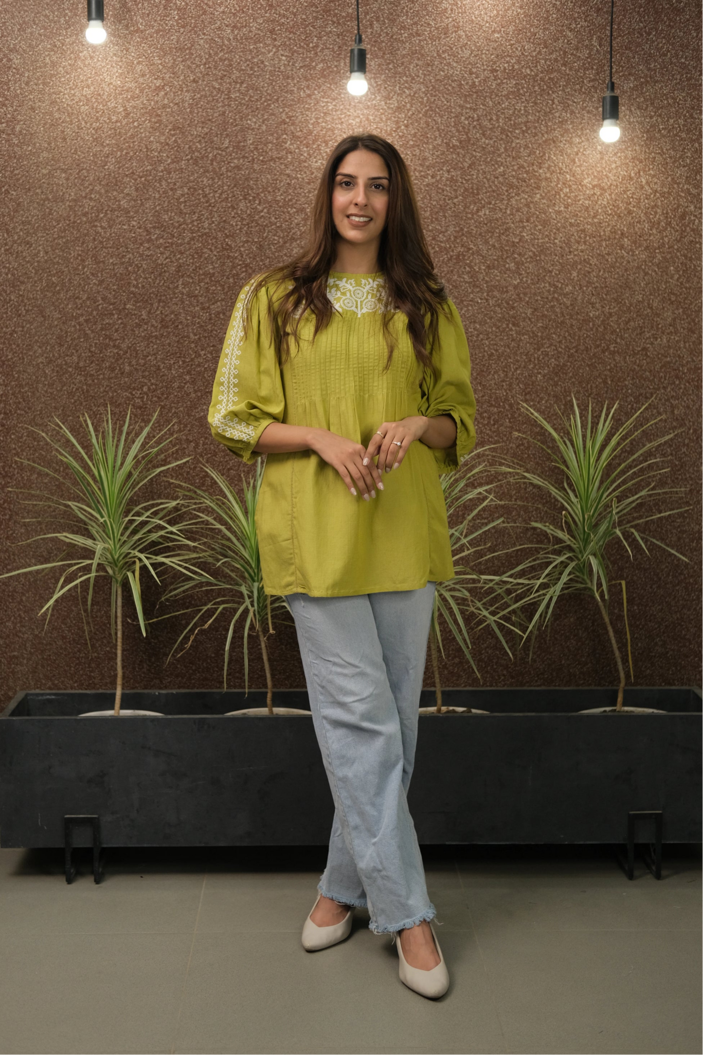Lemon Green Embroidered Cotton Tunic | Elegant Daily Wear