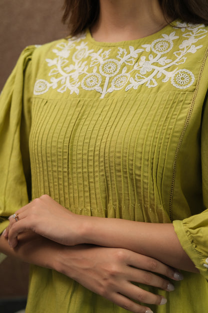 Lemon Green Embroidered Cotton Tunic | Elegant Daily Wear