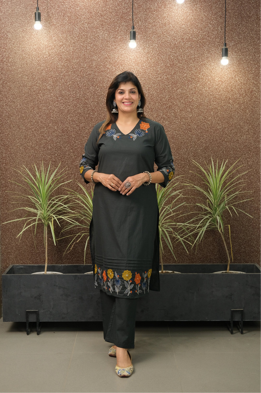 Dark Green Embroidered Kurta Pant Set | Pure Cotton