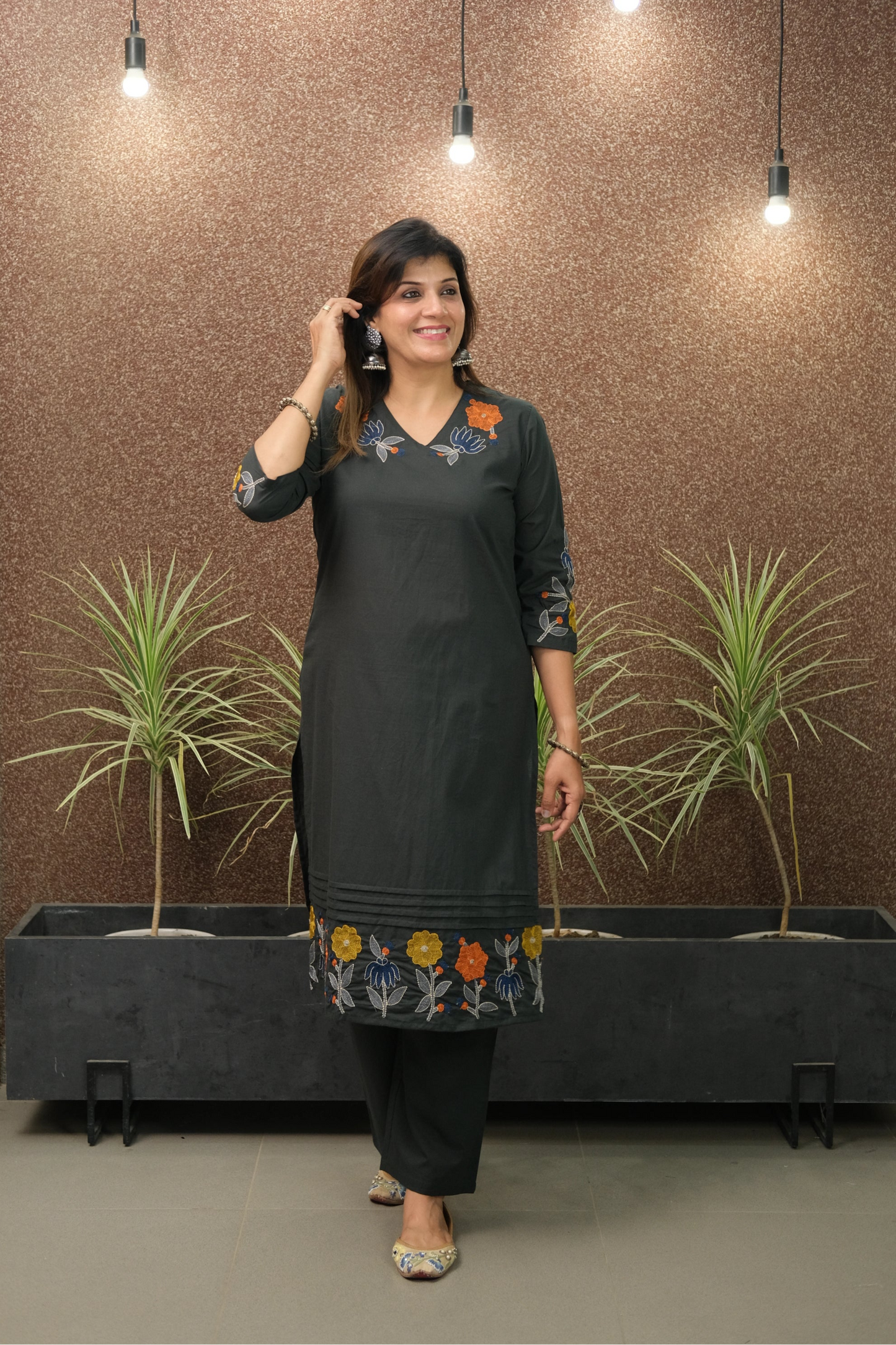 Dark Green Embroidered Kurta Pant Set | Pure Cotton