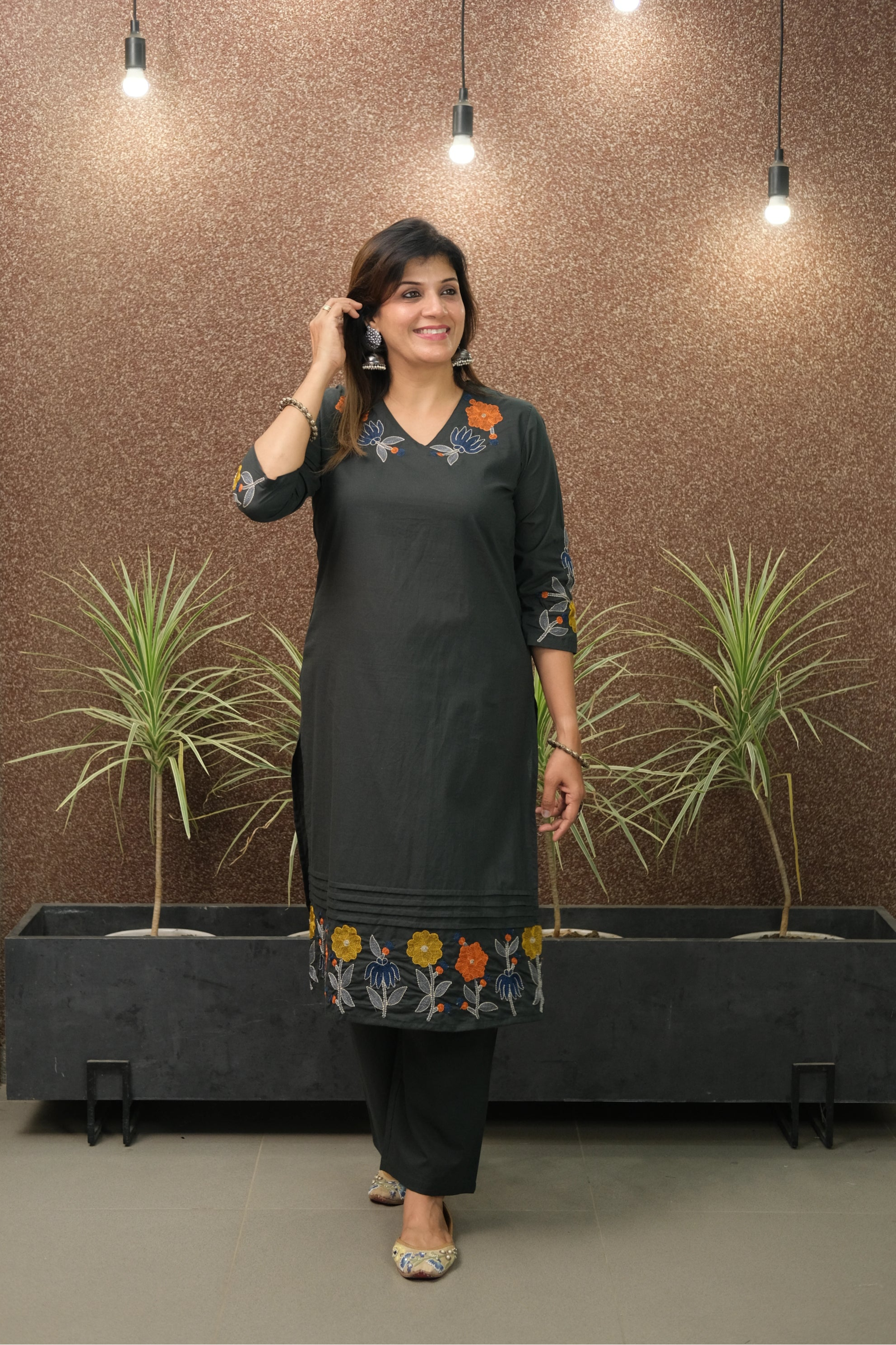 Dark Green Embroidered Kurta Pant Set | Pure Cotton