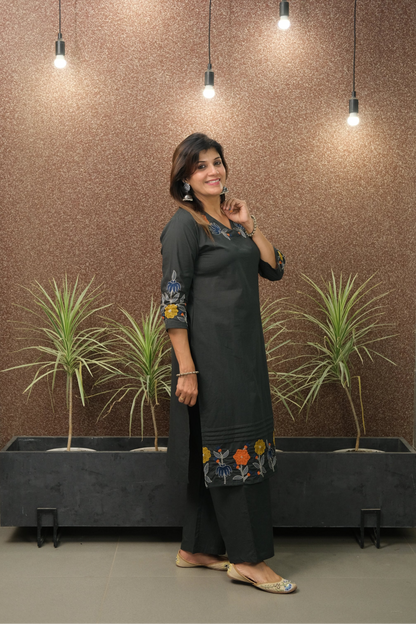 Dark Green Embroidered Kurta Pant Set | Pure Cotton