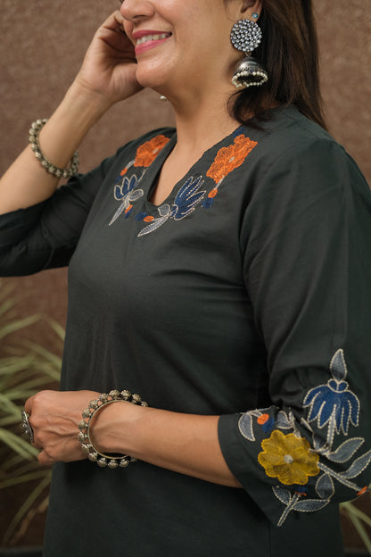 Dark Green Embroidered Kurta Pant Set | Pure Cotton
