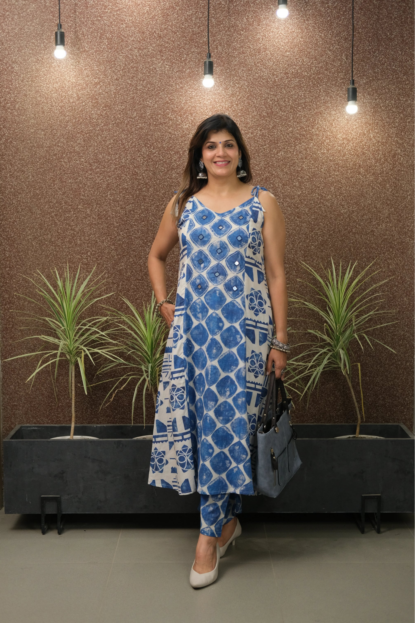Printed Spaghetti Kurta Set with Mirror Work | Soft Cotton