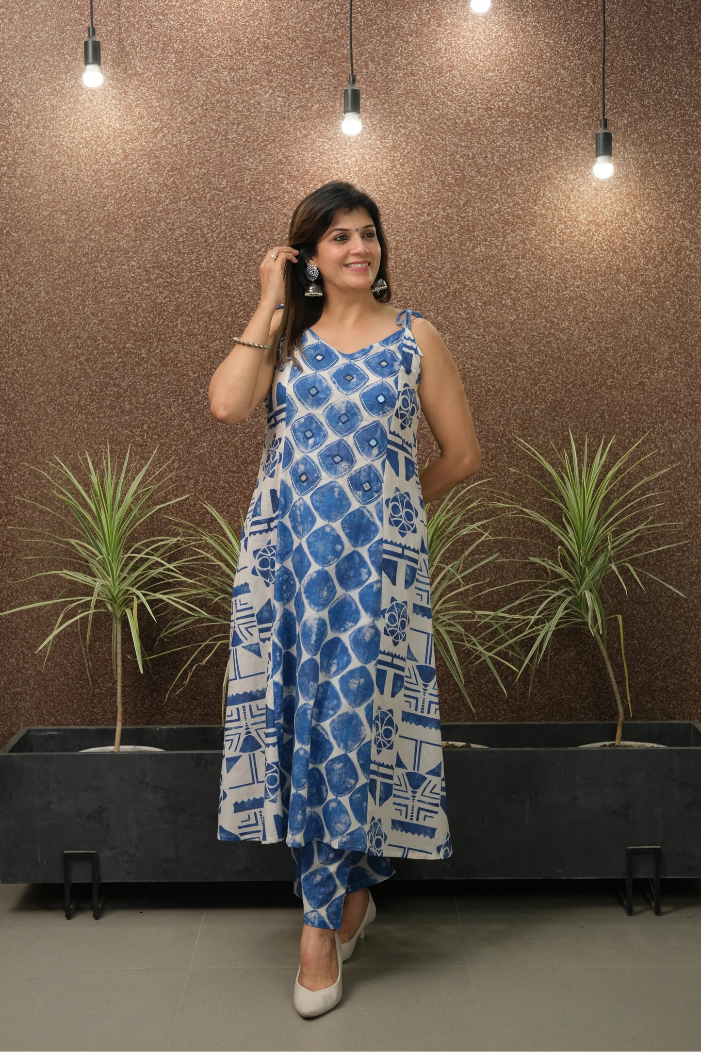 Printed Spaghetti Kurta Set with Mirror Work | Soft Cotton