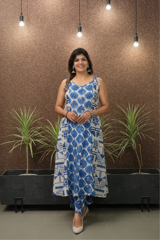 Printed Spaghetti Kurta Set with Mirror Work | Soft Cotton
