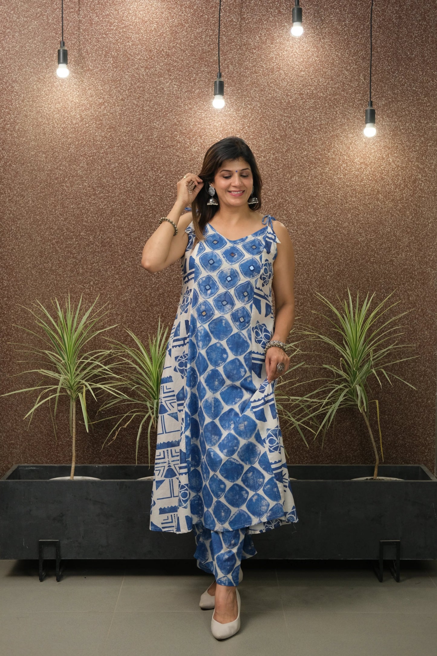 Printed Spaghetti Kurta Set with Mirror Work | Soft Cotton