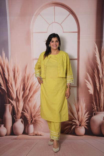 Lemon Yellow Kurta Pant Set with Embroidered Koti in Soft Cotton