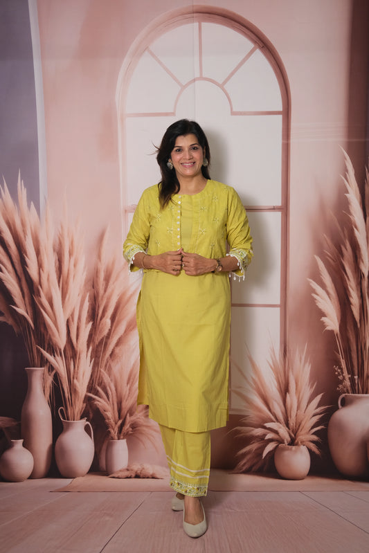 Lemon Yellow Kurta Pant Set with Embroidered Koti in Soft Cotton