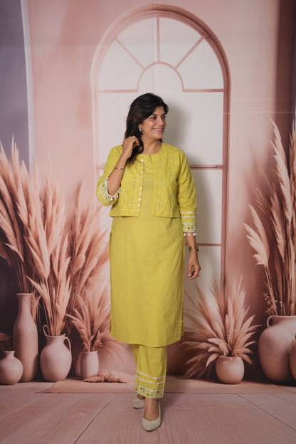 Lemon Yellow Kurta Pant Set with Embroidered Koti in Soft Cotton