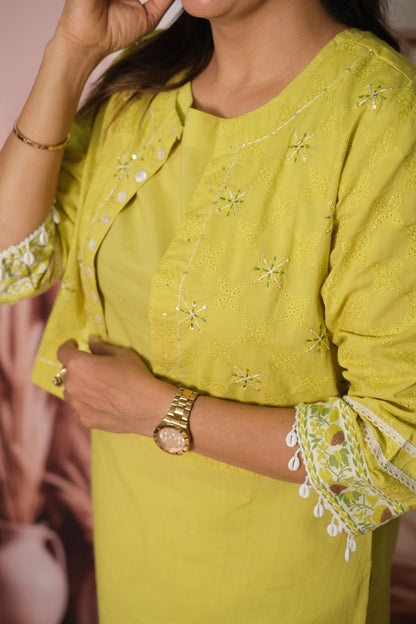 Lemon Yellow Kurta Pant Set with Embroidered Koti in Soft Cotton