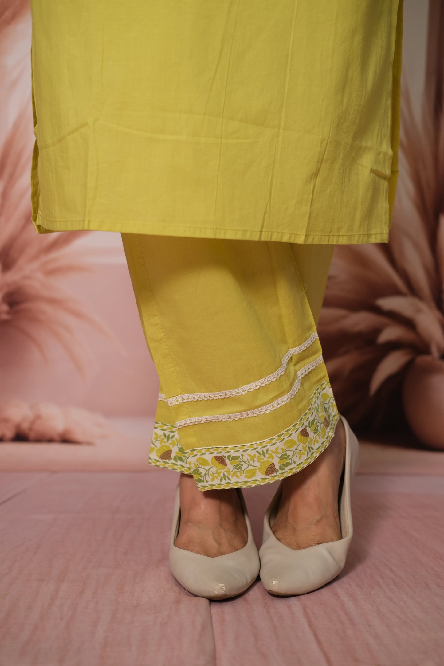 Lemon Yellow Kurta Pant Set with Embroidered Koti in Soft Cotton