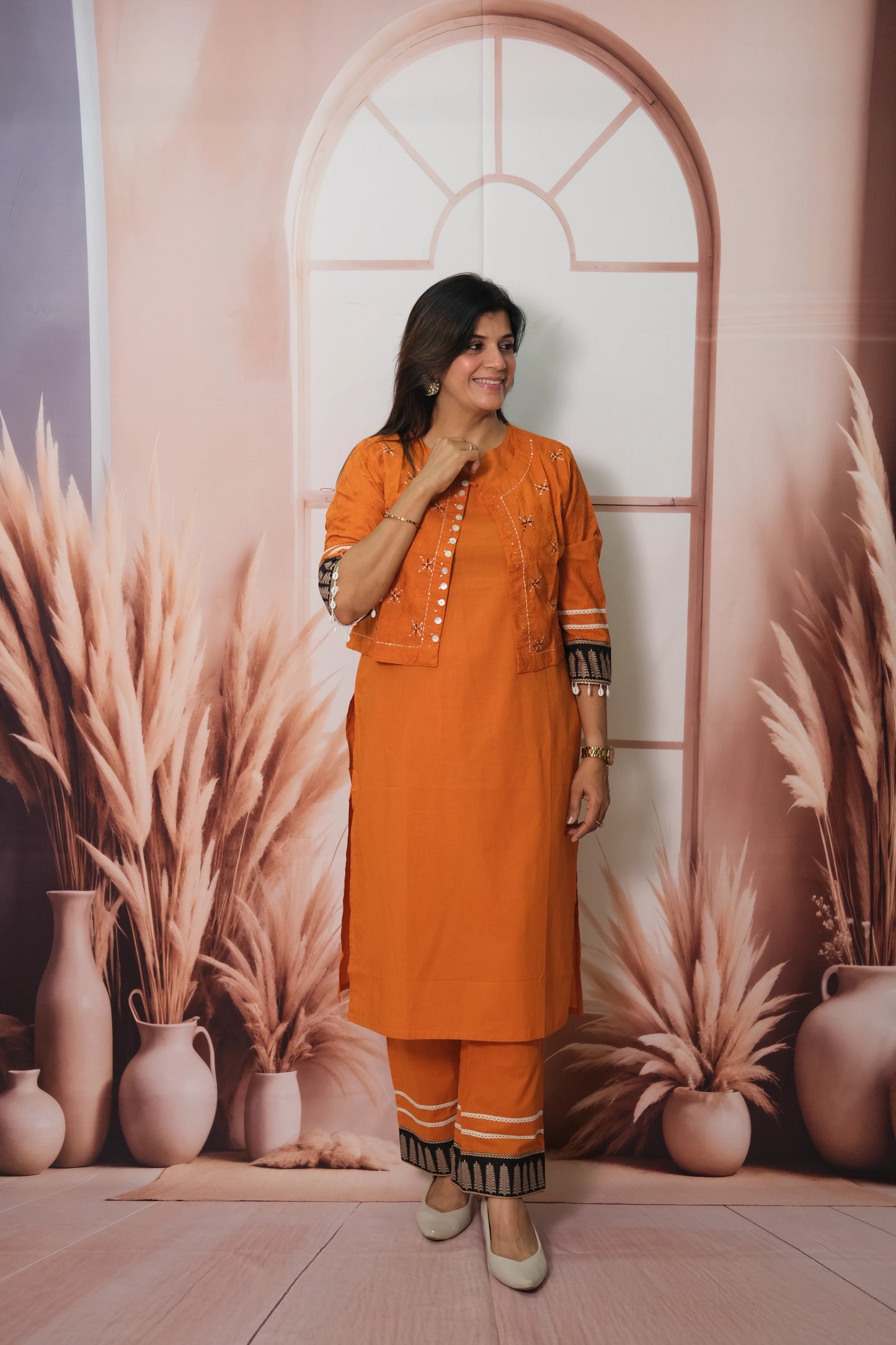 Orange Kurta Pant Set with Embroidered Koti in Soft Cotton