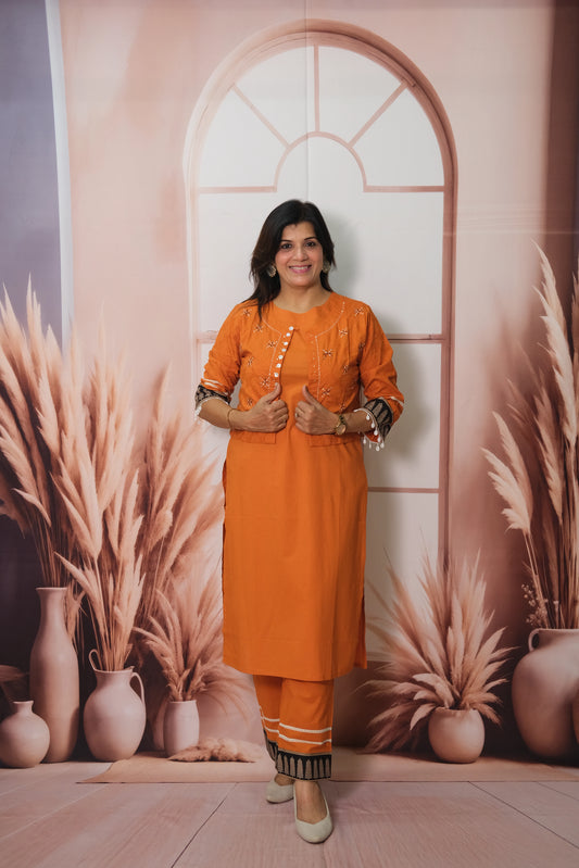 Orange Kurta Pant Set with Embroidered Koti in Soft Cotton
