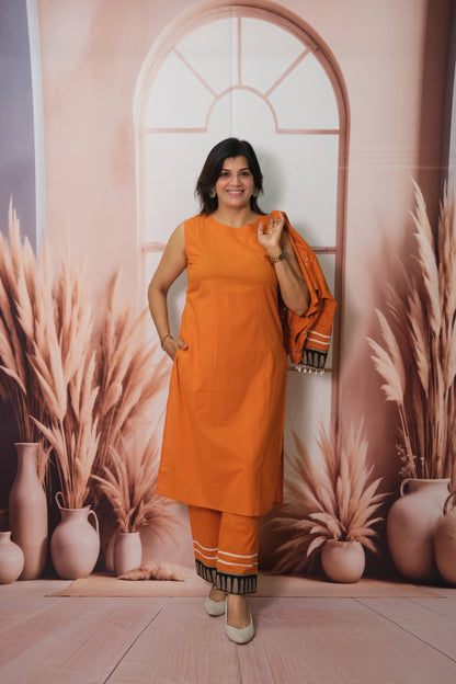 Orange Kurta Pant Set with Embroidered Koti in Soft Cotton