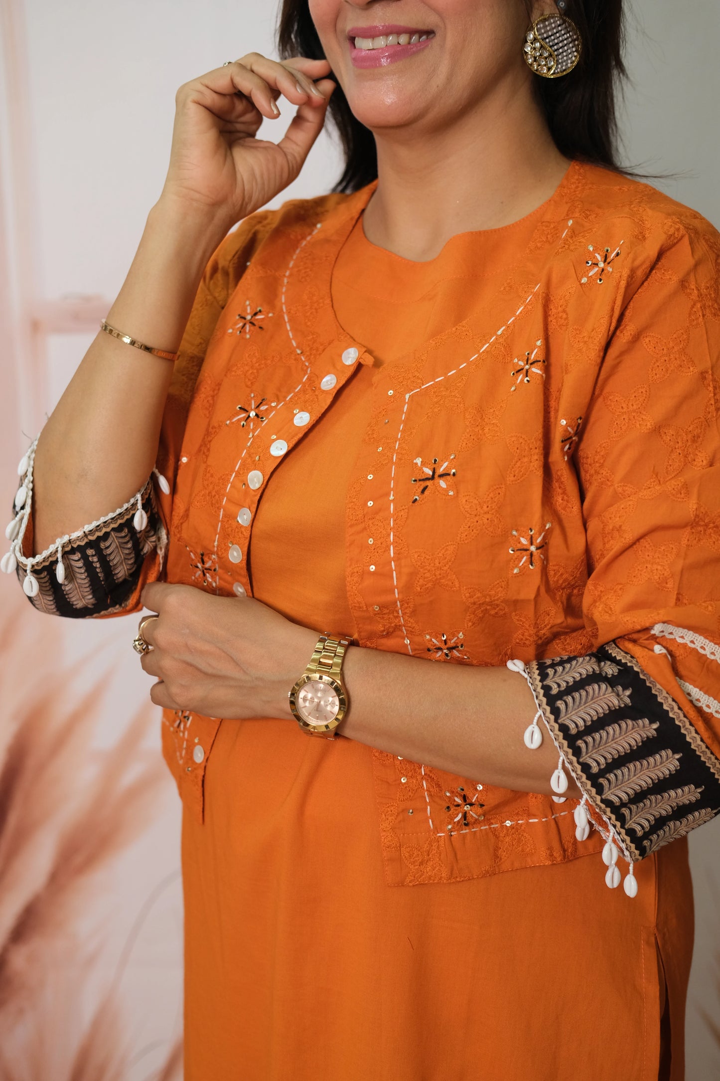 Orange Kurta Pant Set with Embroidered Koti in Soft Cotton