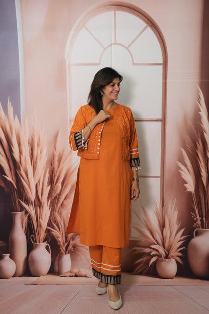 Orange Kurta Pant Set with Embroidered Koti in Soft Cotton