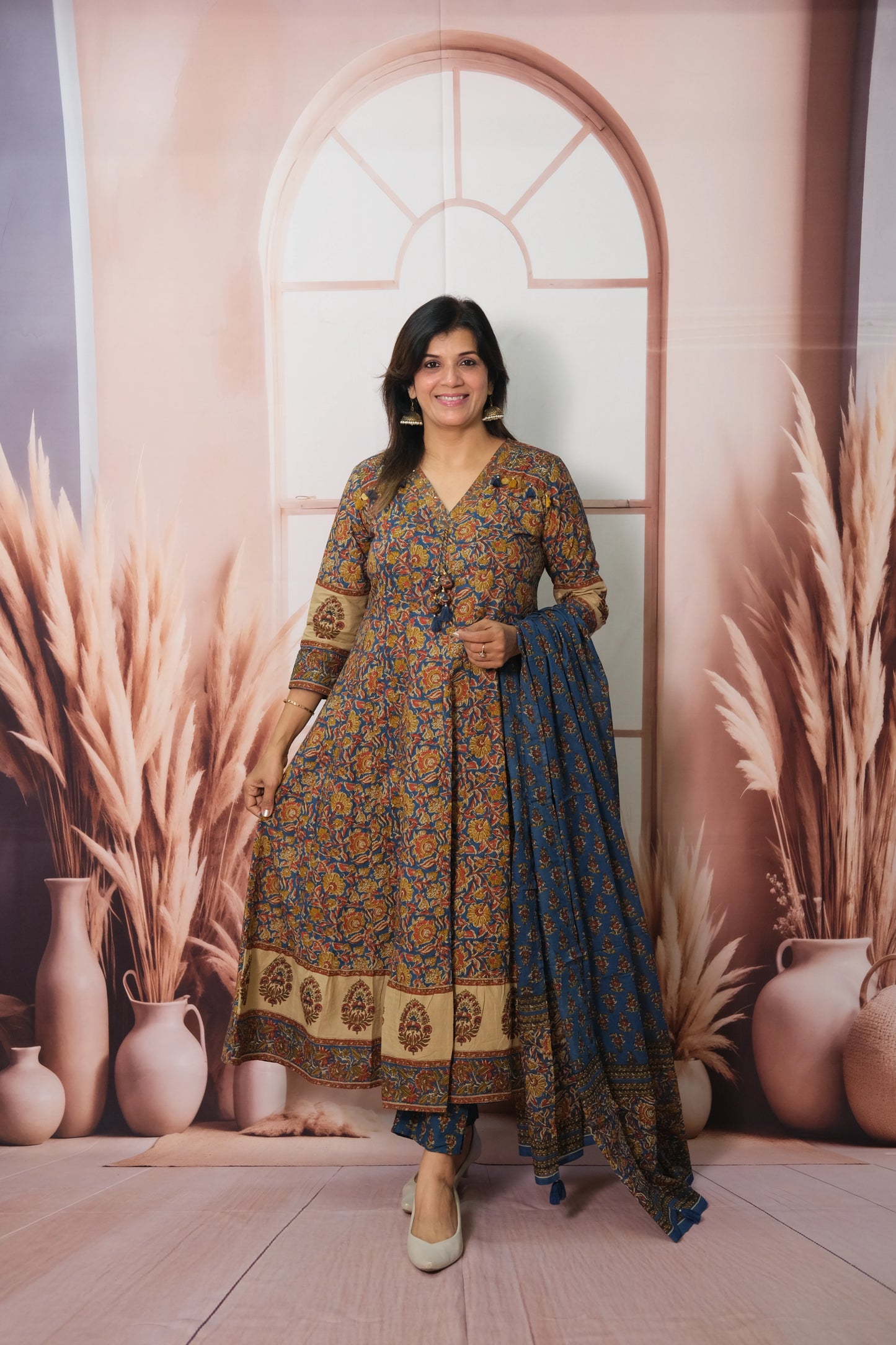 Anarkali Dupatta Set in Soft Cotton with Kalamkari & Embroidery