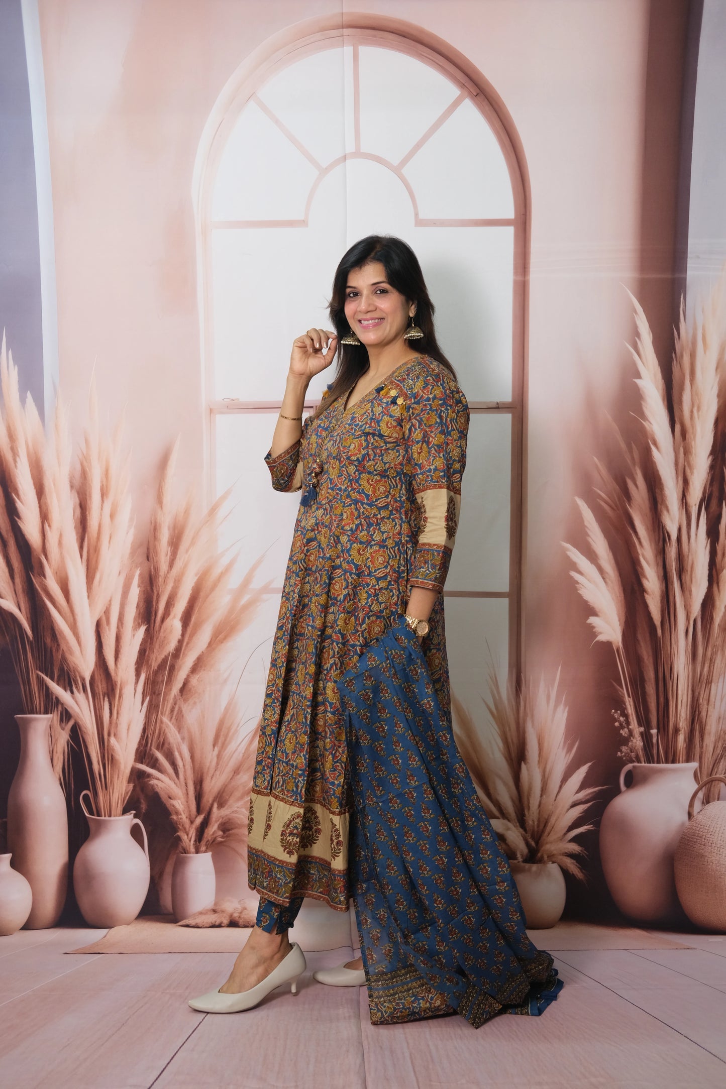 Anarkali Dupatta Set in Soft Cotton with Kalamkari & Embroidery
